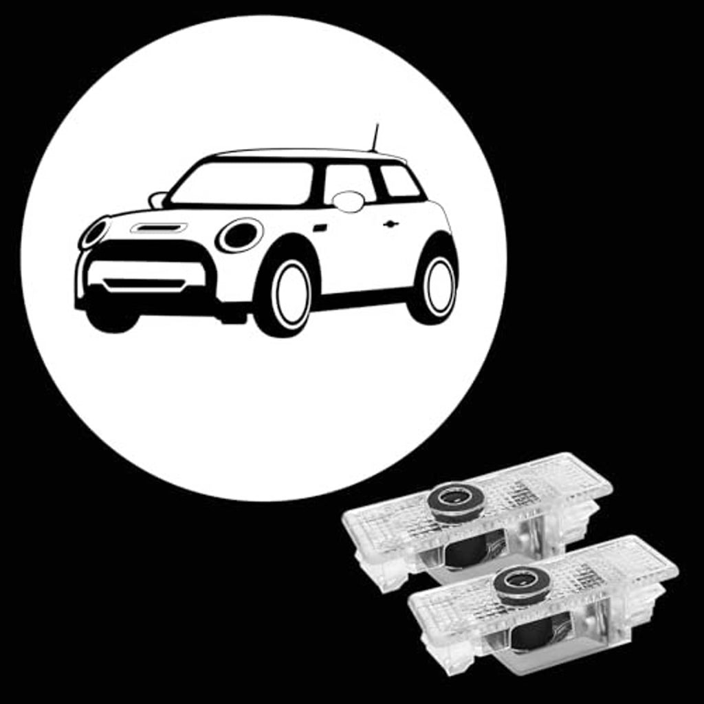 Pair of car door projector lights with clear housings and white car logo pattern