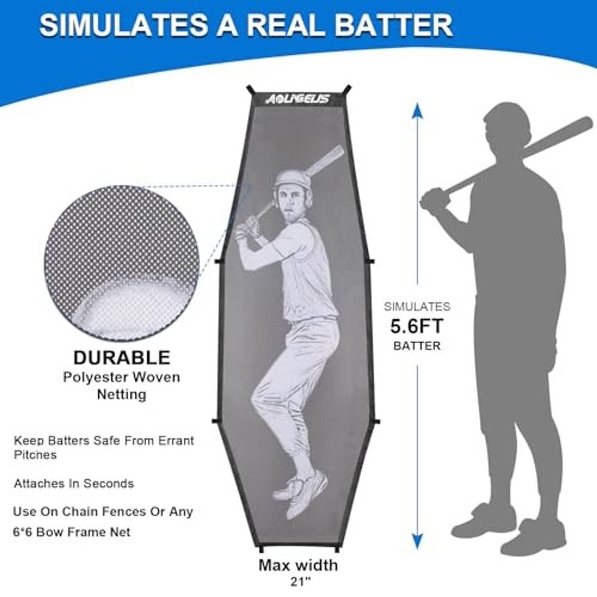 Foldable practice net with gray dummy batter, durable polyester netting for pitching drills