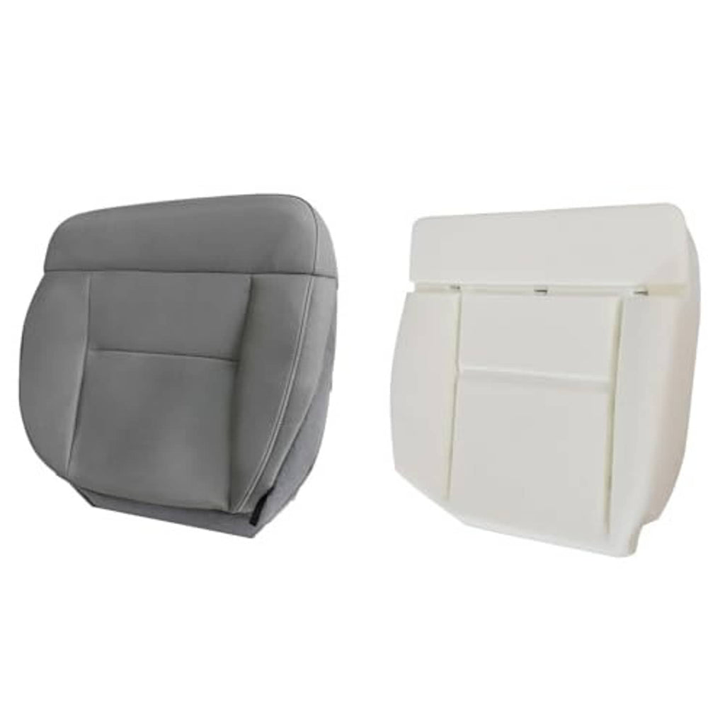 Front driver seat cushion covers in gray and light gray, padded stitched panels