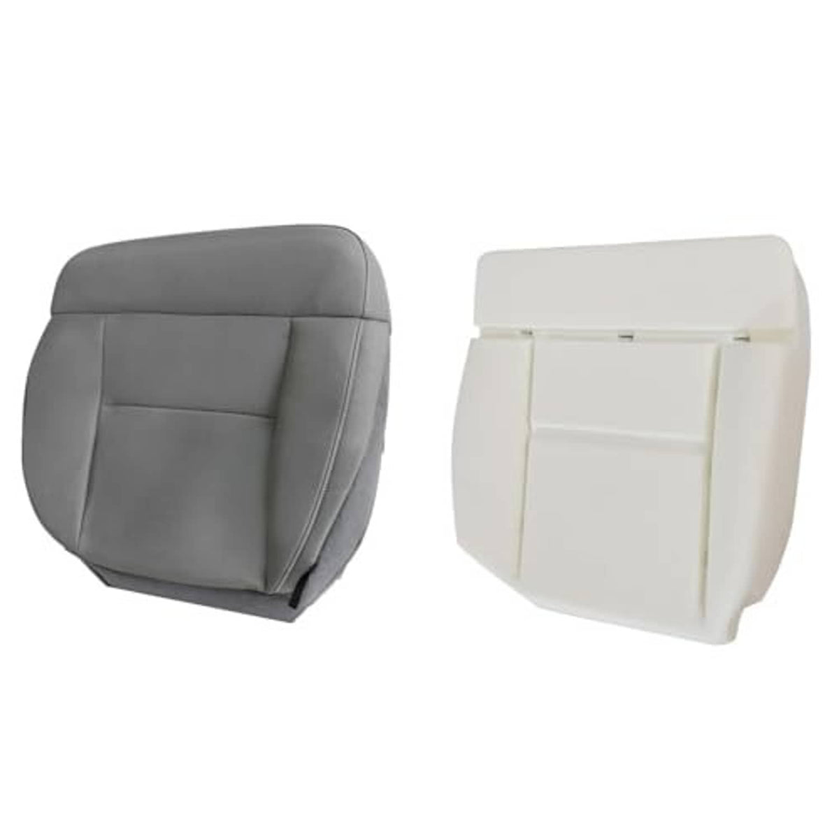 Front driver seat cushion covers in gray and light gray, padded stitched panels