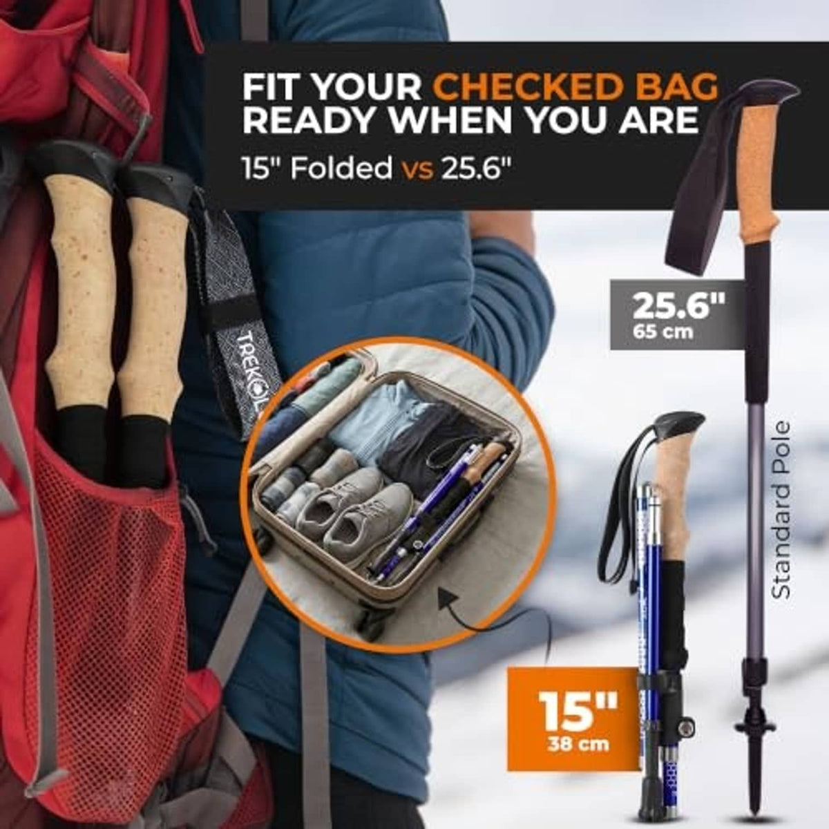 Collapsible hiking poles next to a checked bag with folded size comparison