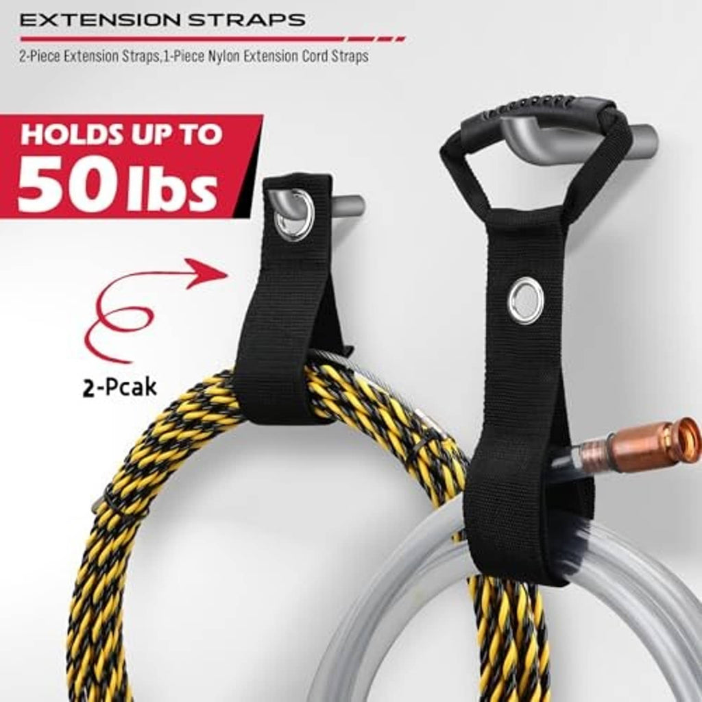Black extension straps with nylon webbing securing a coiled hose to the wall organizer