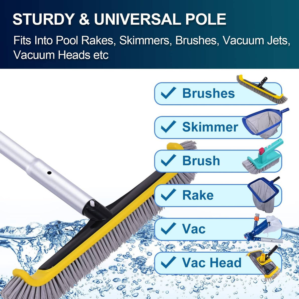 Pool pole with compatible brush, skimmer, rake, and vacuum head tools