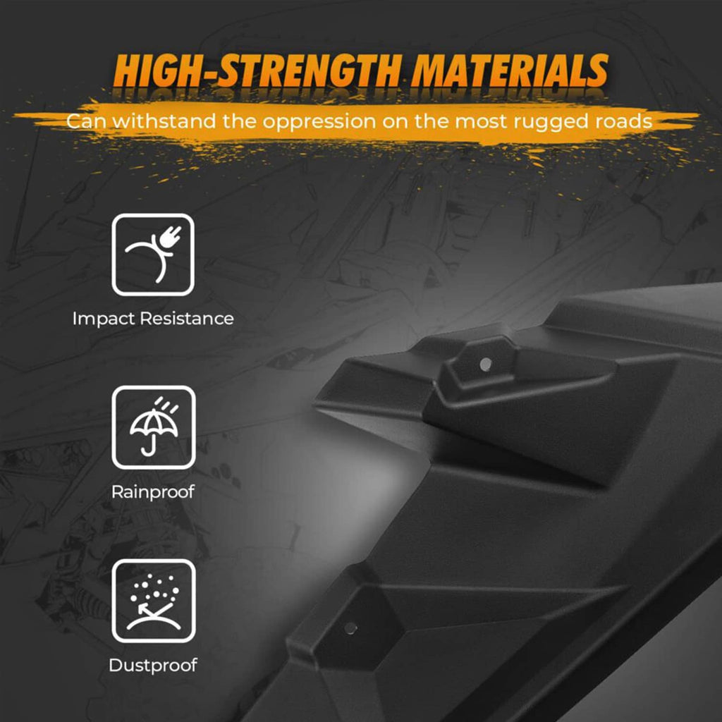Black front fender flare pair shown on a graphic with impact, rain, and dust icons