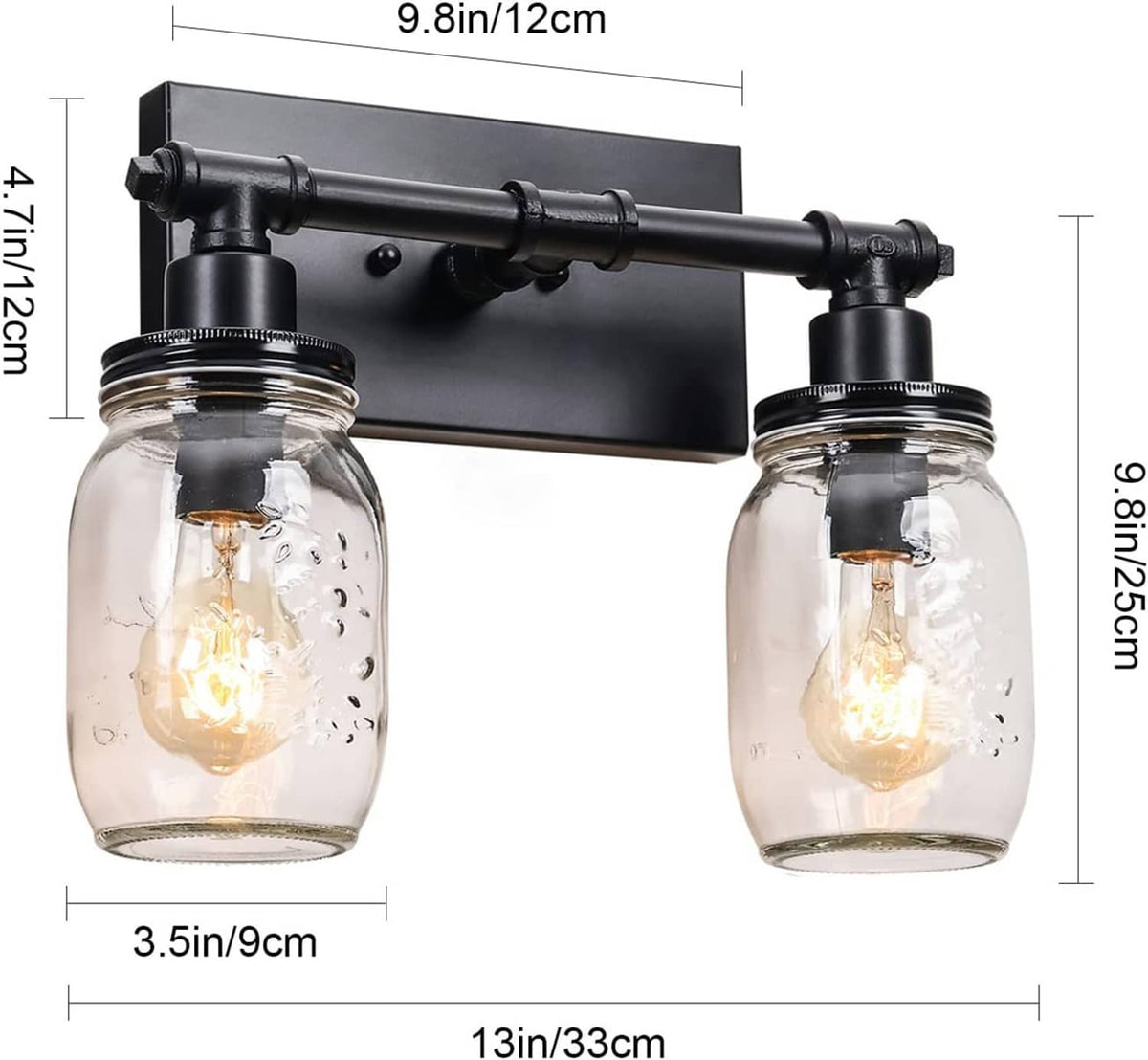 Black 2-light vanity light with two clear mason-jar glass shades on metal arm