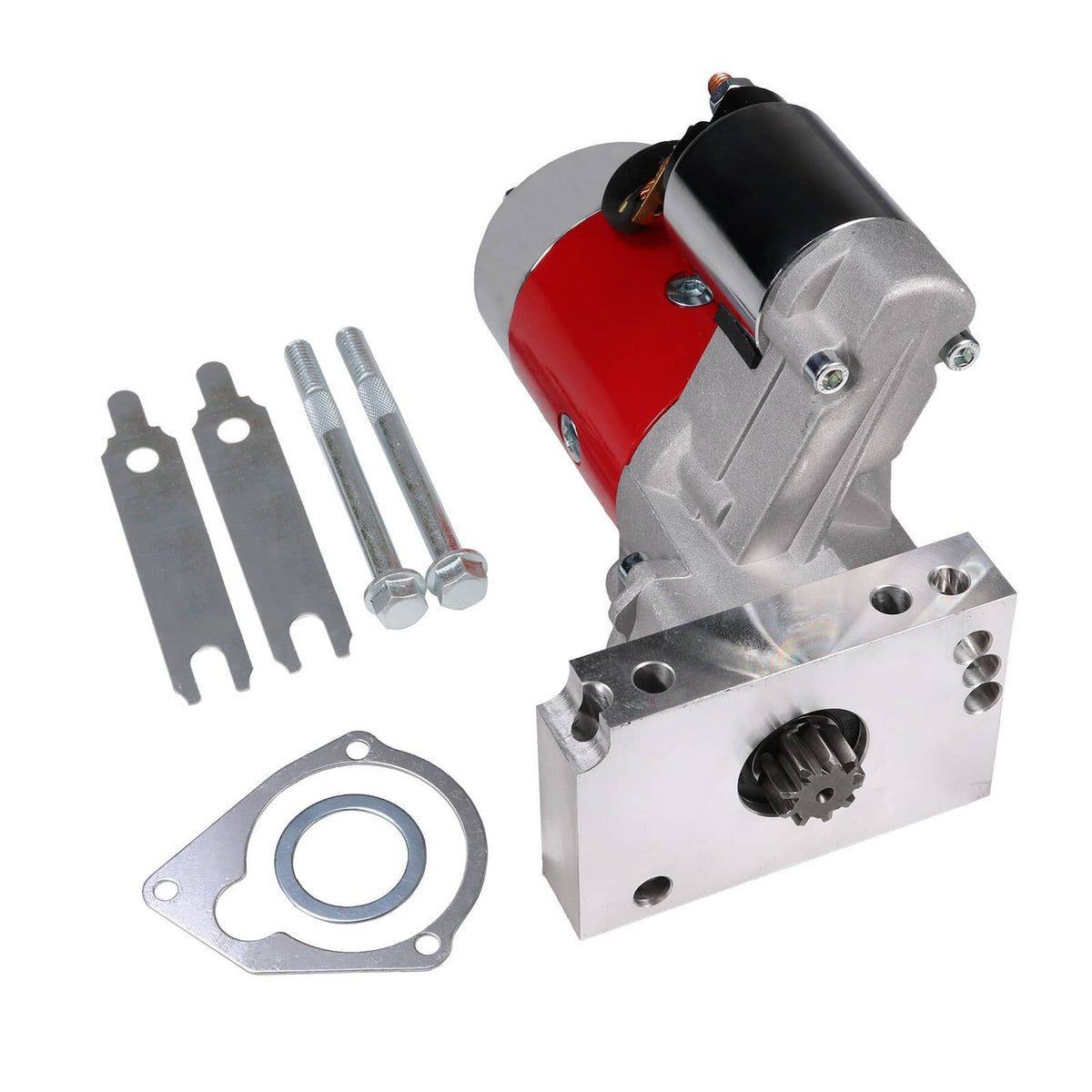 Red high-torque mini starter with black cap and silver mounting bracket