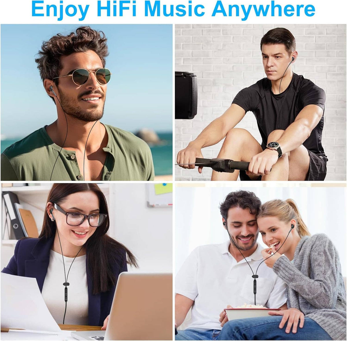 Wired USB-C earbuds being worn by people during commuting, work, and home listening
