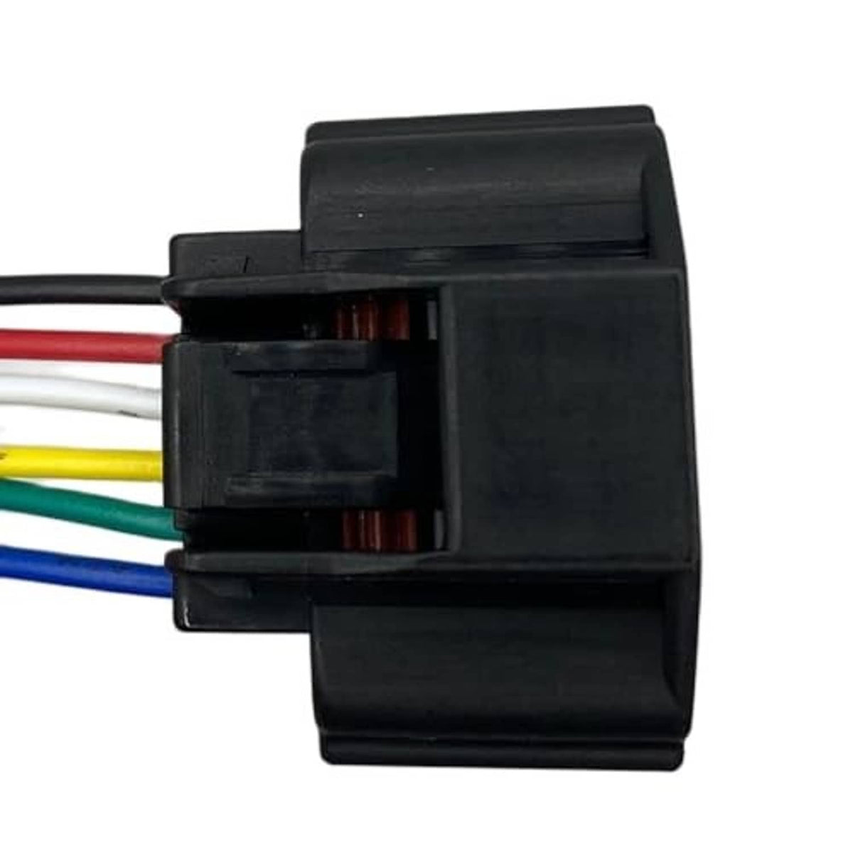 Close-up of black connector with red, white, green, and blue wire leads