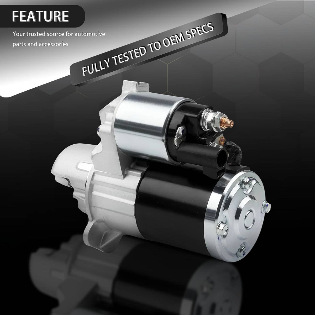 Starter motor with silver and black body, front round mounting flange