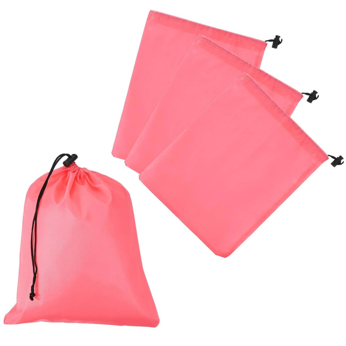 Pink drawstring stuff sack with toggle closure and black cords