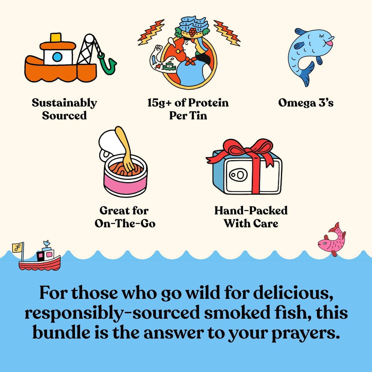 Smoked fish trio bundle with icons for sustainably sourced and protein per tin