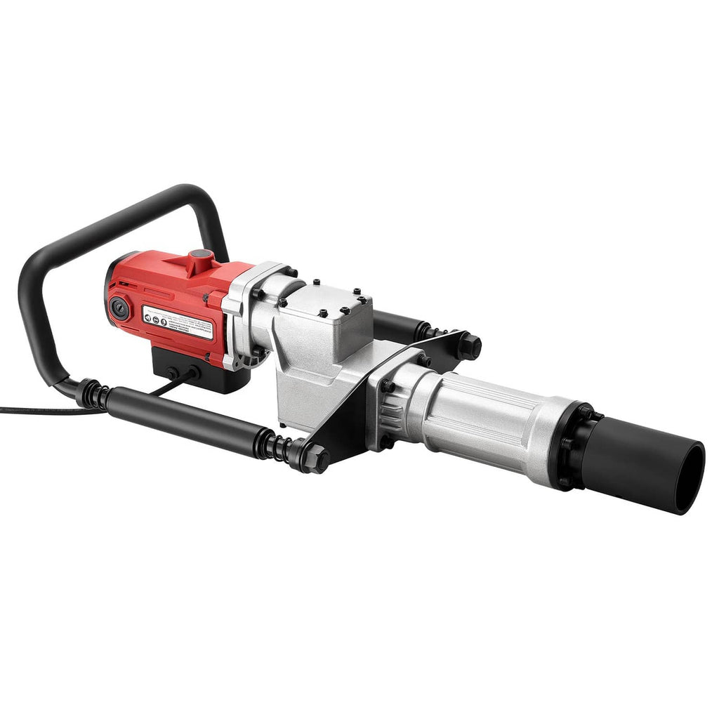 Electric fence post driver tool with red motor, black handles, and metal piling sleeve