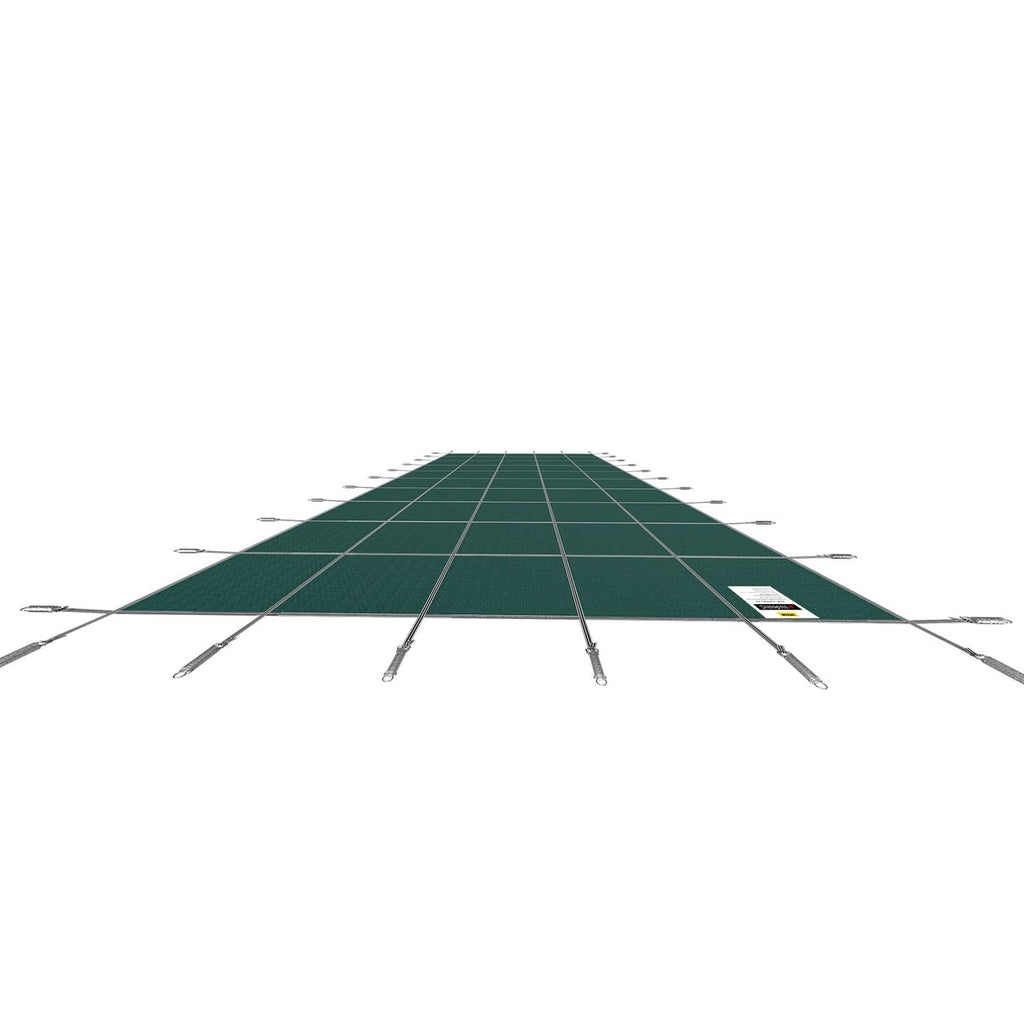 Rectangular green inground pool safety cover with grommets and support poles at corners