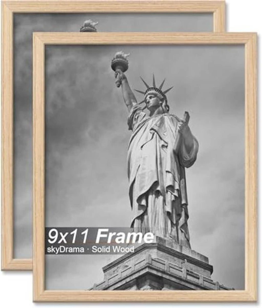 Pair of natural wood 9x11 picture frames stacked with beveled edges