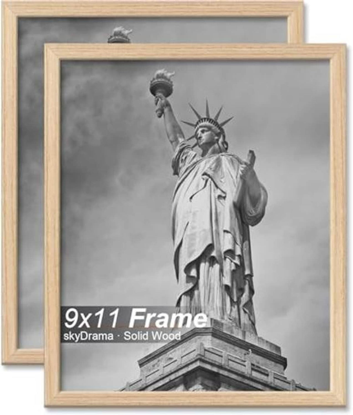 Pair of natural wood 9x11 picture frames stacked with beveled edges