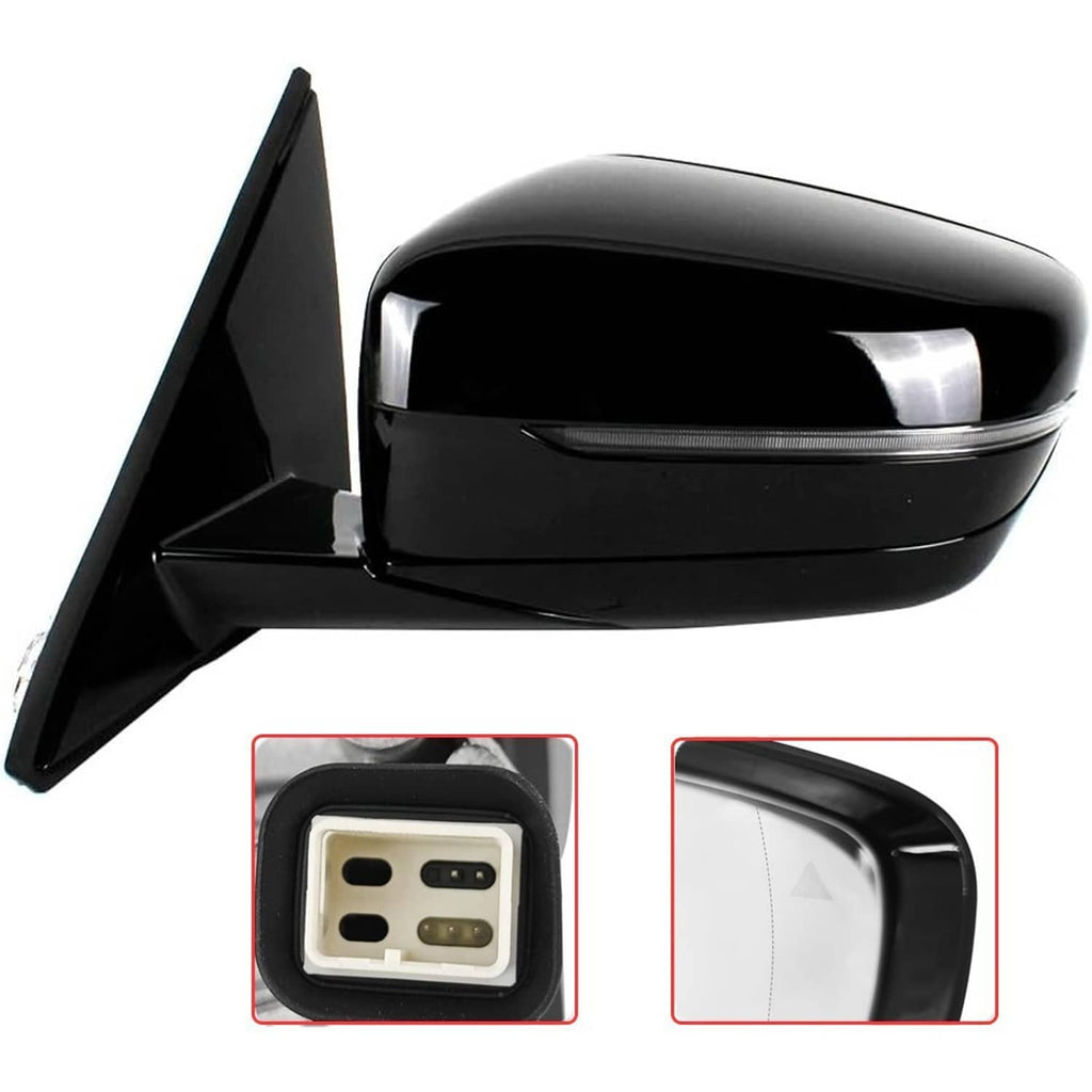 Black left driver-side mirror with glossy cap and blind-spot indicator window.