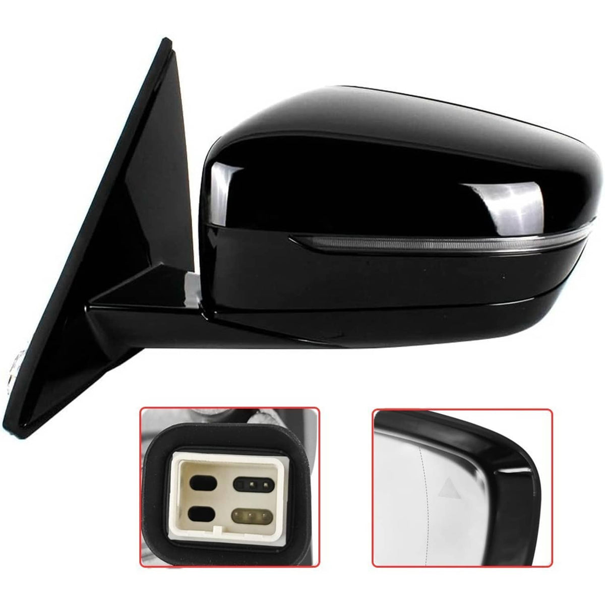 Black left driver-side mirror with glossy cap and blind-spot indicator window.