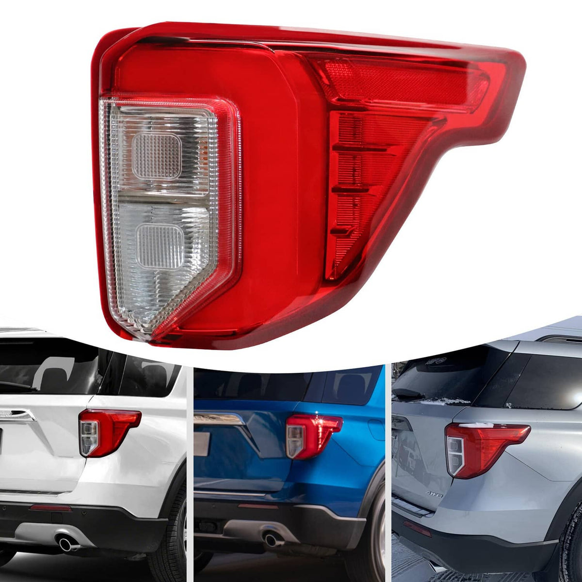 Right-side LED tail light with red outer lens and clear inner reflector, angled view.