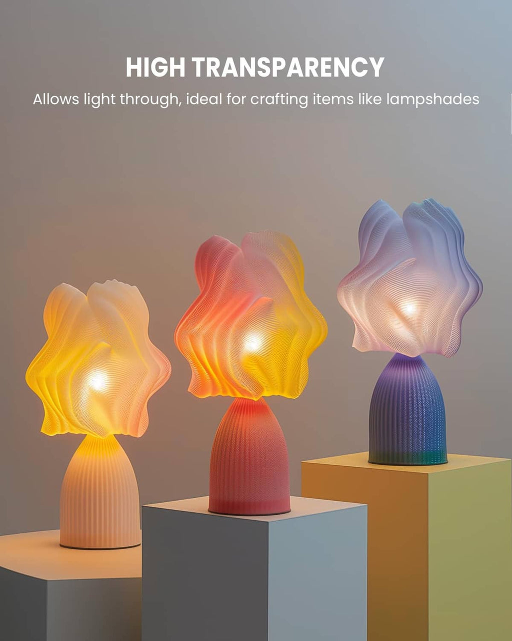 High-transparency PETG lamp shades with glowing multicolor tones on bases