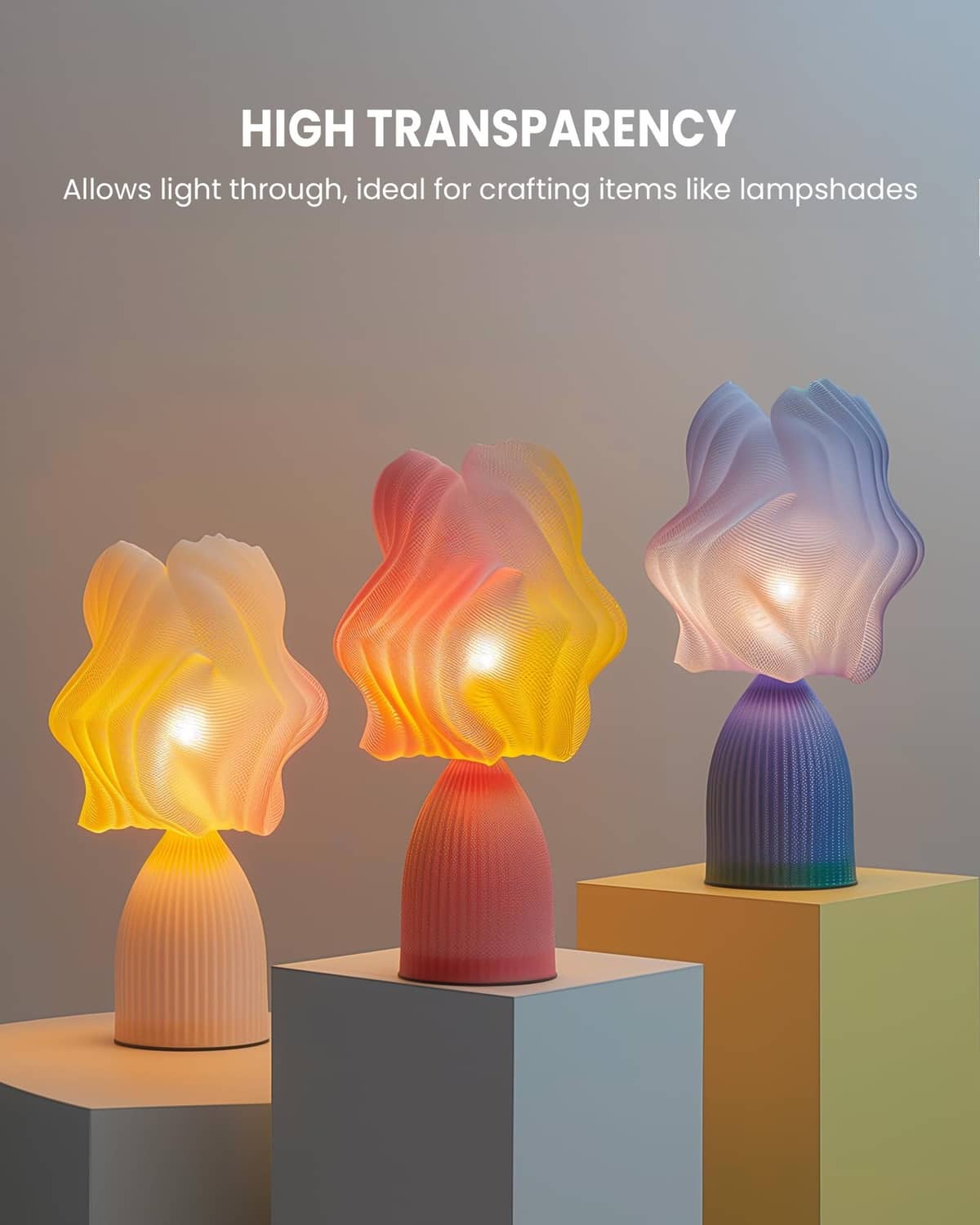 High-transparency PETG lamp shades with glowing multicolor tones on bases