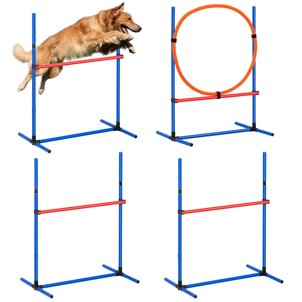 Dog agility hurdle and hoop jump set with blue frame, red bars, and orange hoop