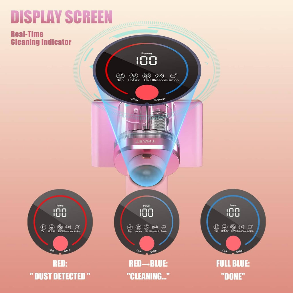 Pink mattress vacuum cleaner with LED control display and circular power dial