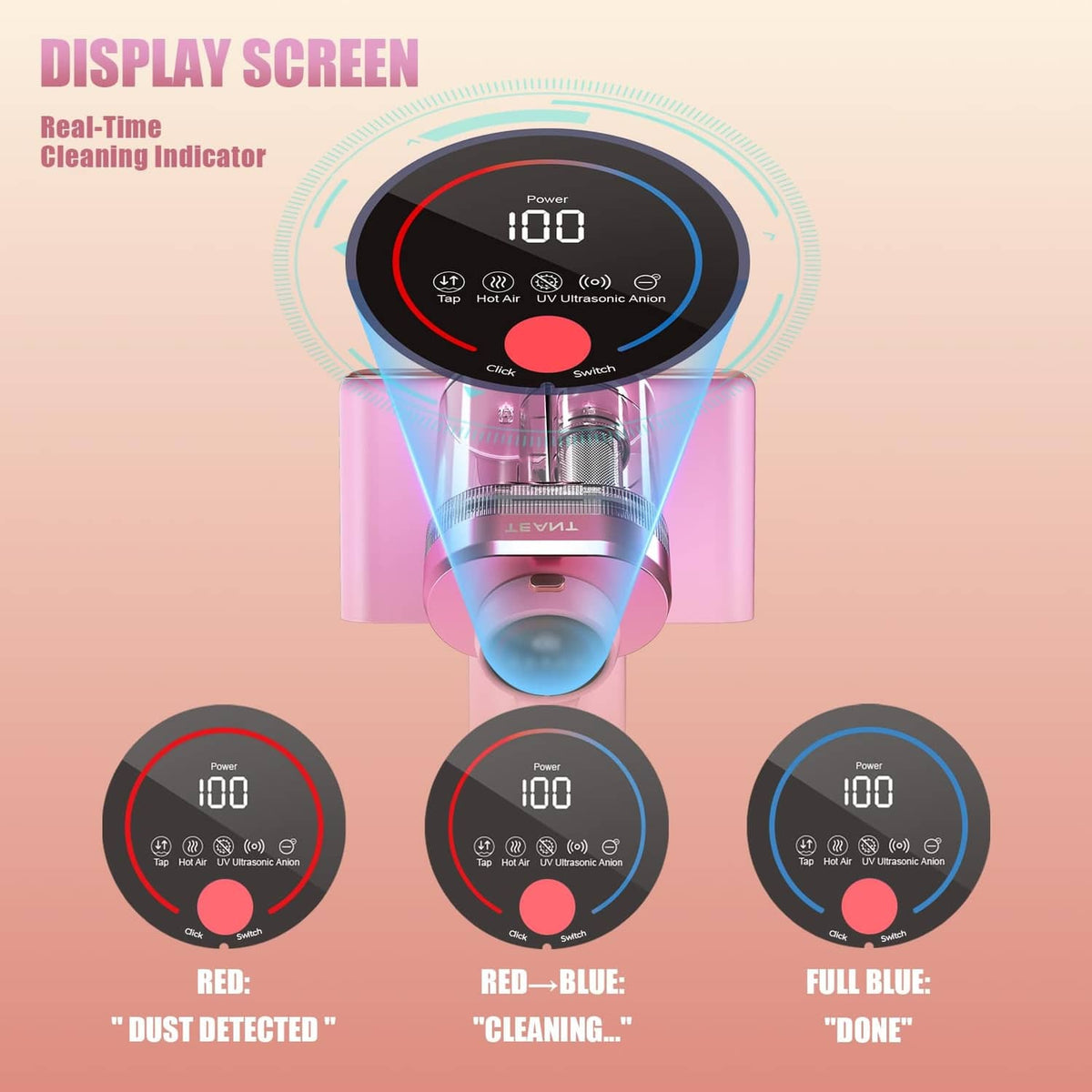 Pink mattress vacuum cleaner with LED control display and circular power dial