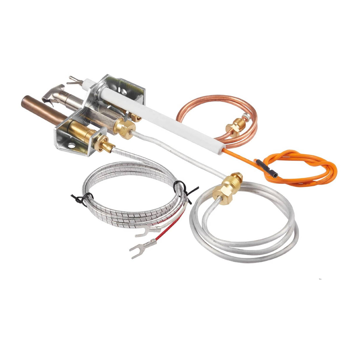 Natural gas pilot assembly kit with copper tube, braided wire loop, and orange ignition wire