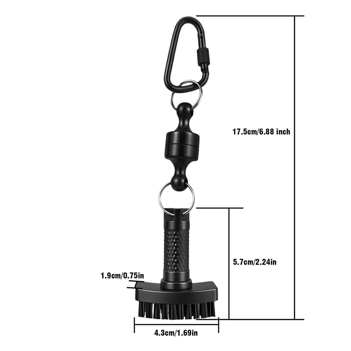 Mini golf club brush with loop carabiner hook and compact bristle head