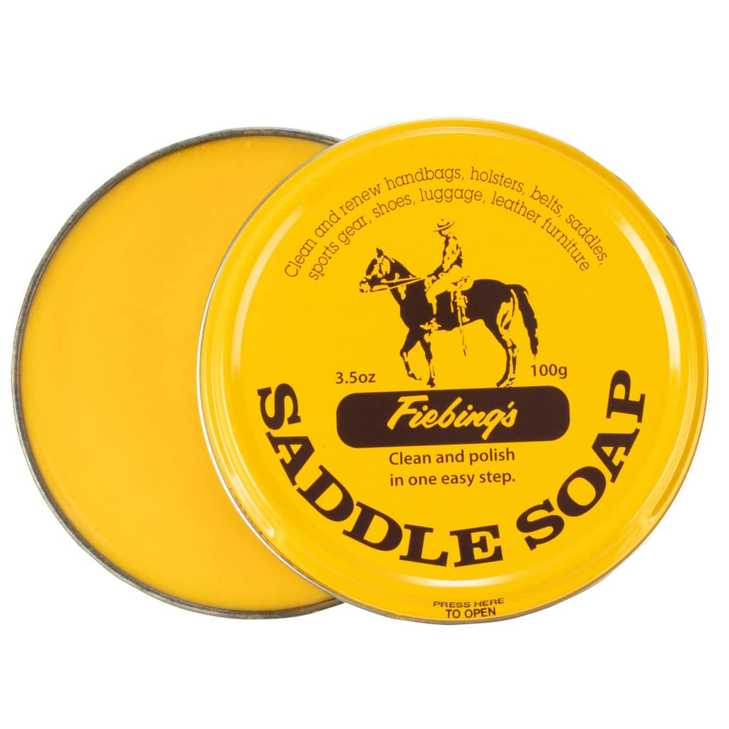 Yellow Fiebing's saddle soap tin with domed lid for cleaning and polishing leather