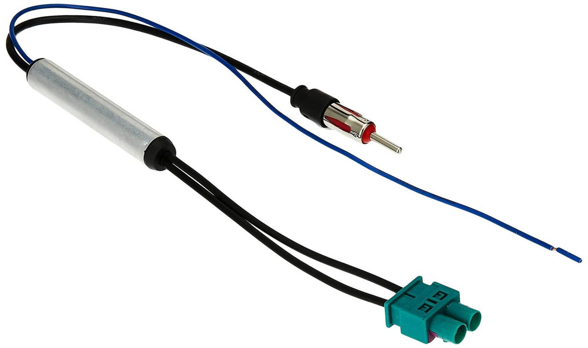 Black Fakra plug wireless antenna adapter cable with teal connector and stripped leads
