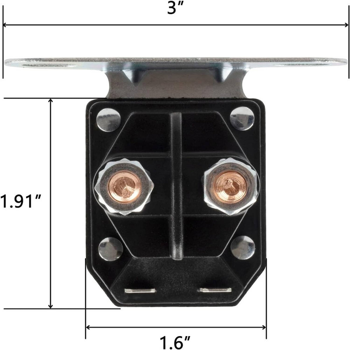 Starter relay solenoid with black square housing and two copper contact studs on plate
