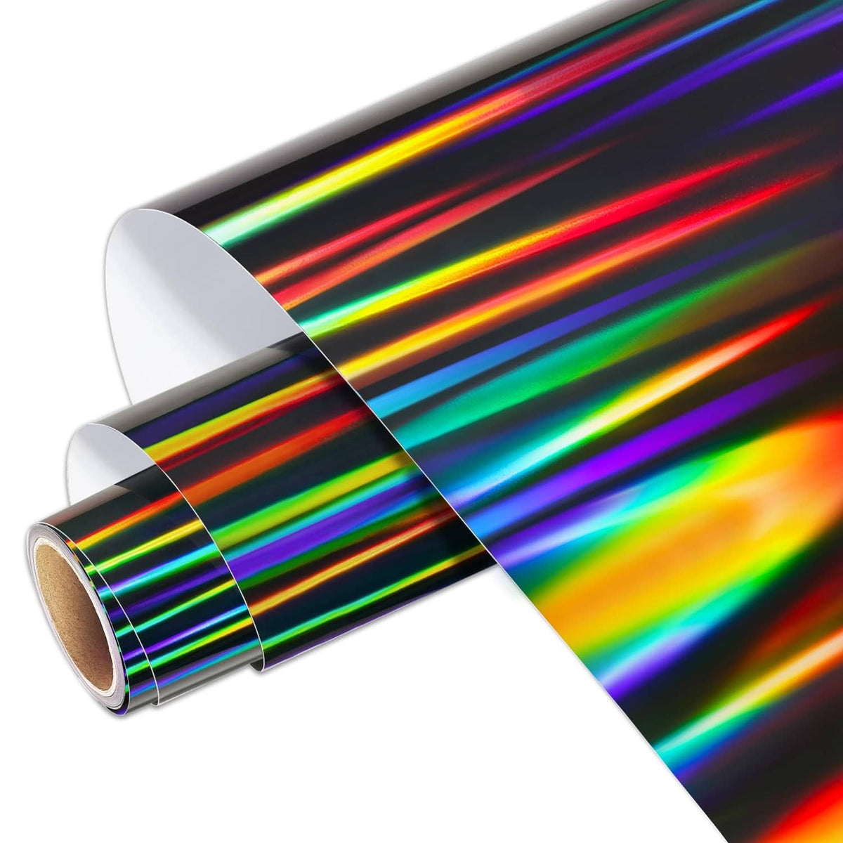 Black glossy holographic vinyl roll with rainbow stripes, 12 in x 5 ft