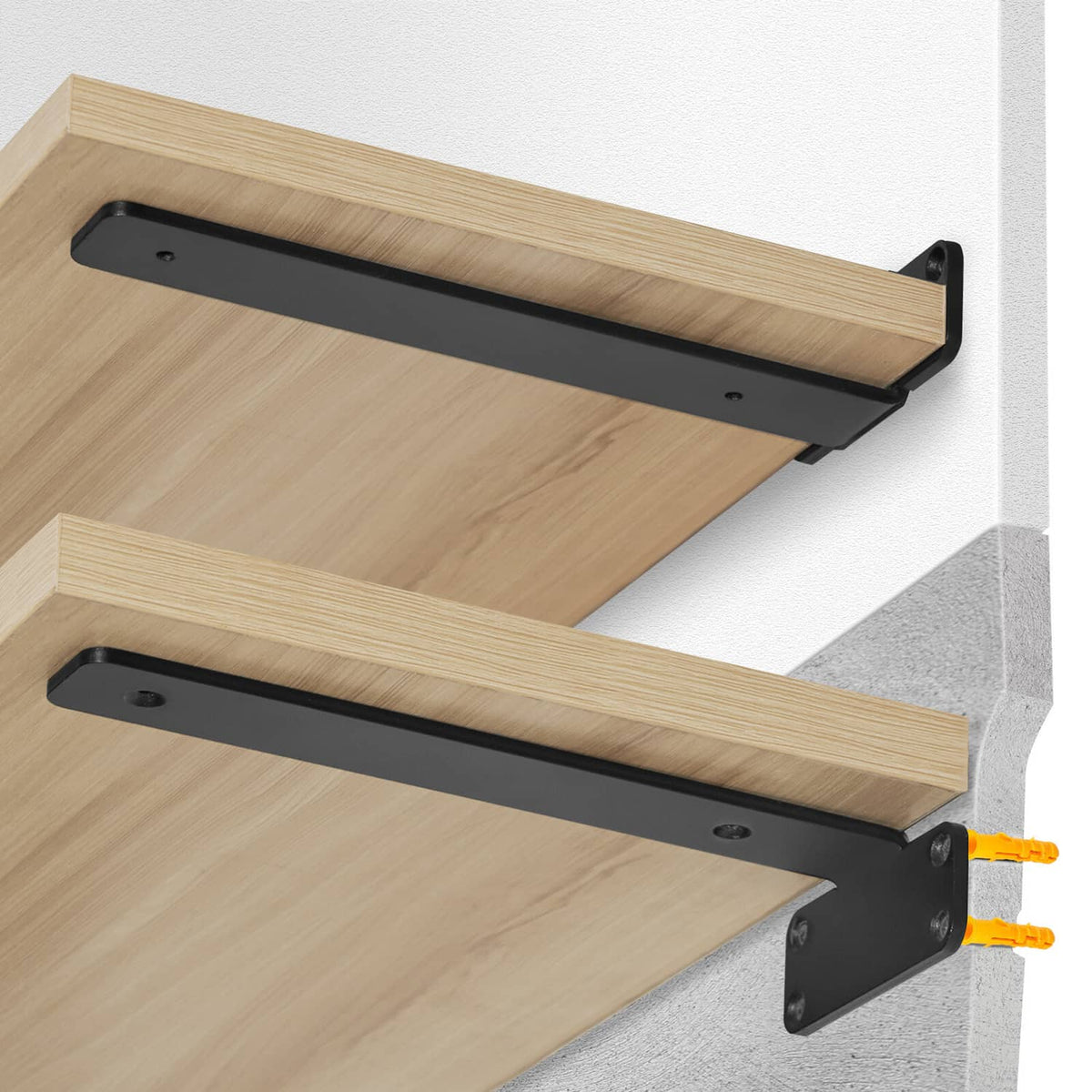 Black floating shelf bracket set with steel support plates and mounting holes