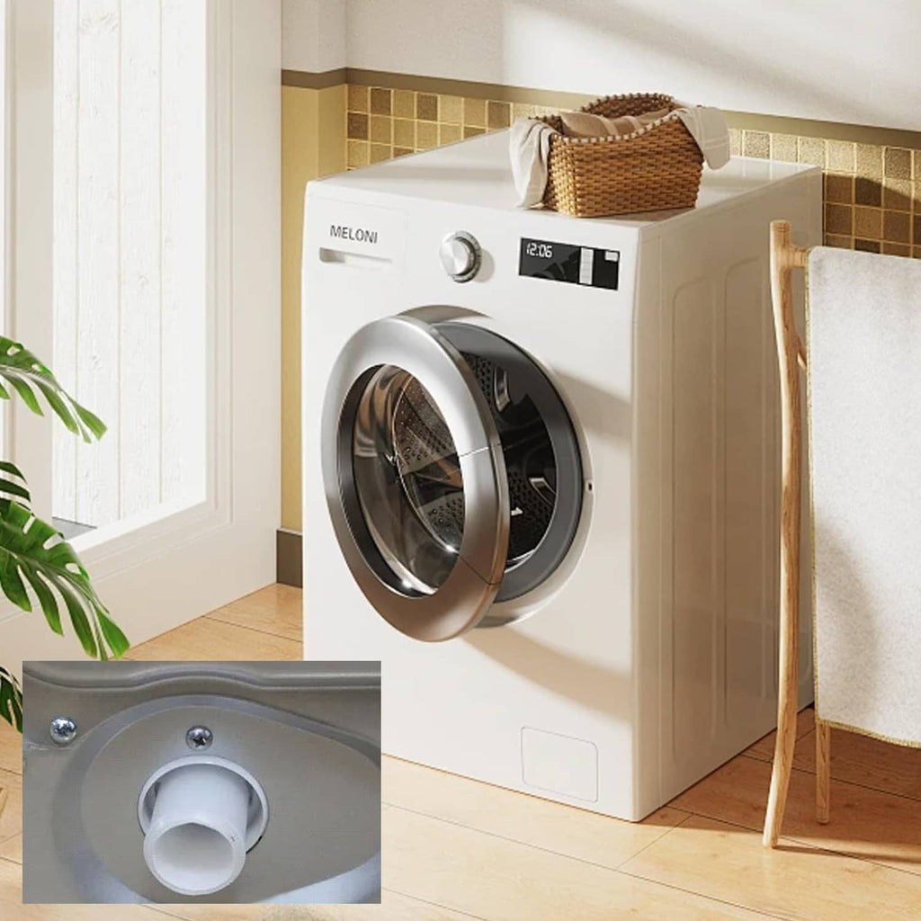 Gray corrugated drain hose extension connected to washing machine drain outlet