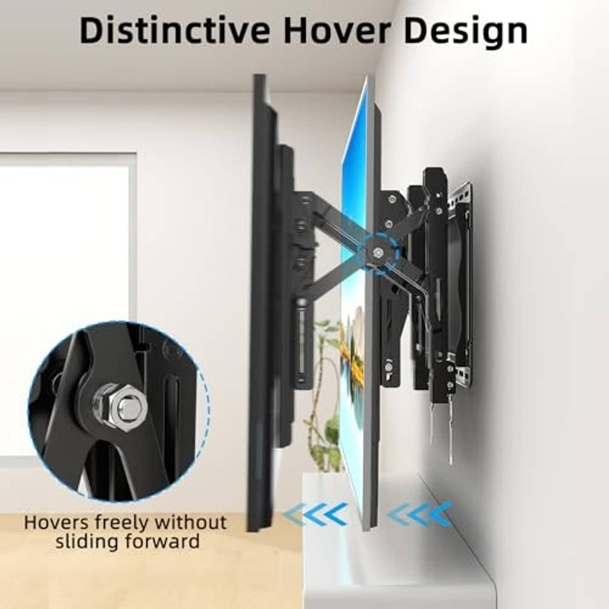 Hover-style full motion TV mount with black locking plate, helps prevent forward slipping
