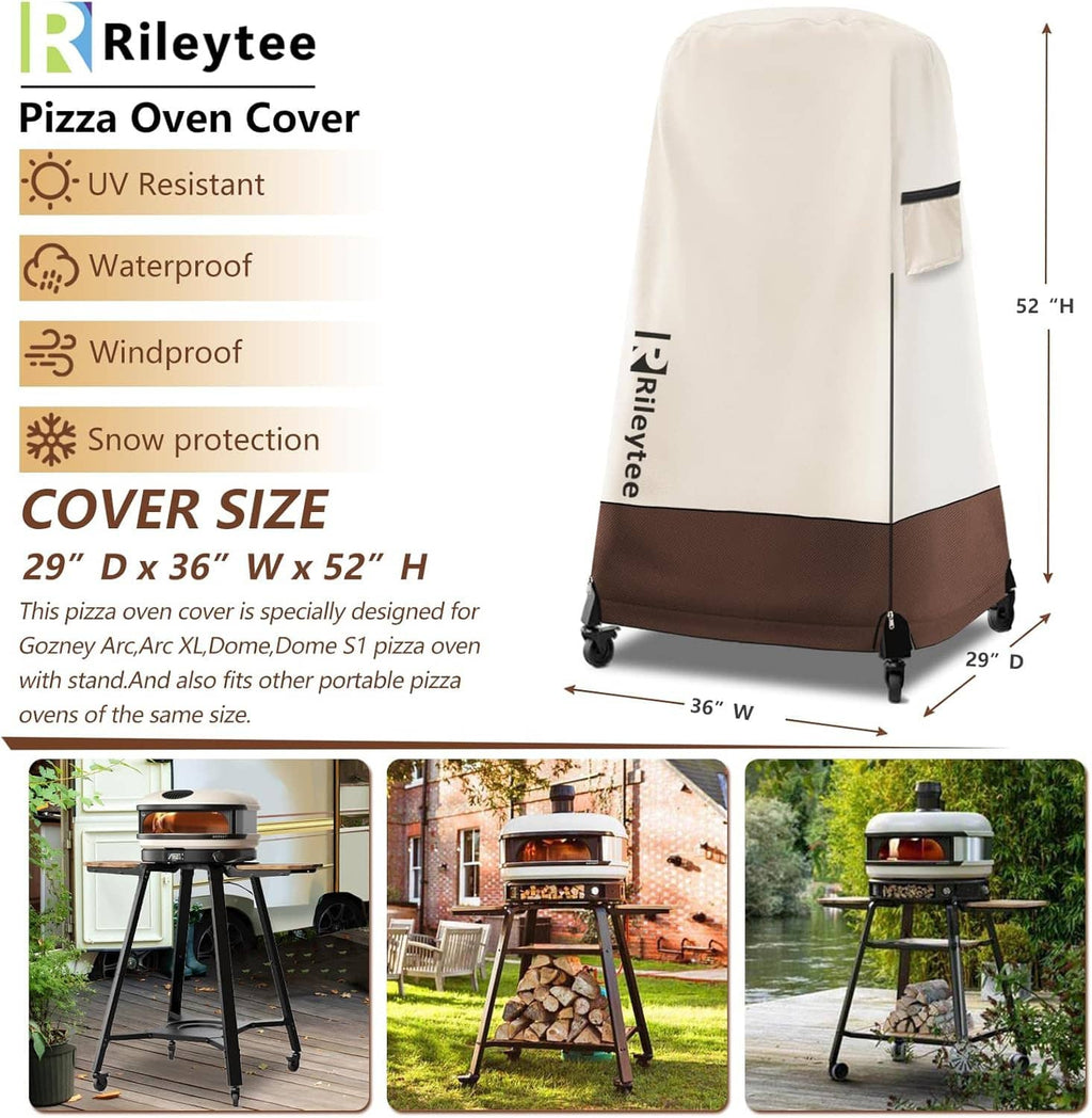 Cream and brown pizza oven cover with adjustable straps and wind/snow protection.