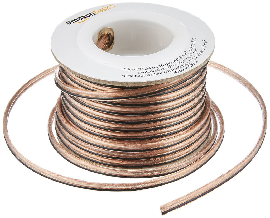 Amazon Basics 16-gauge transparent speaker wire cable roll with copper core, 50 ft
