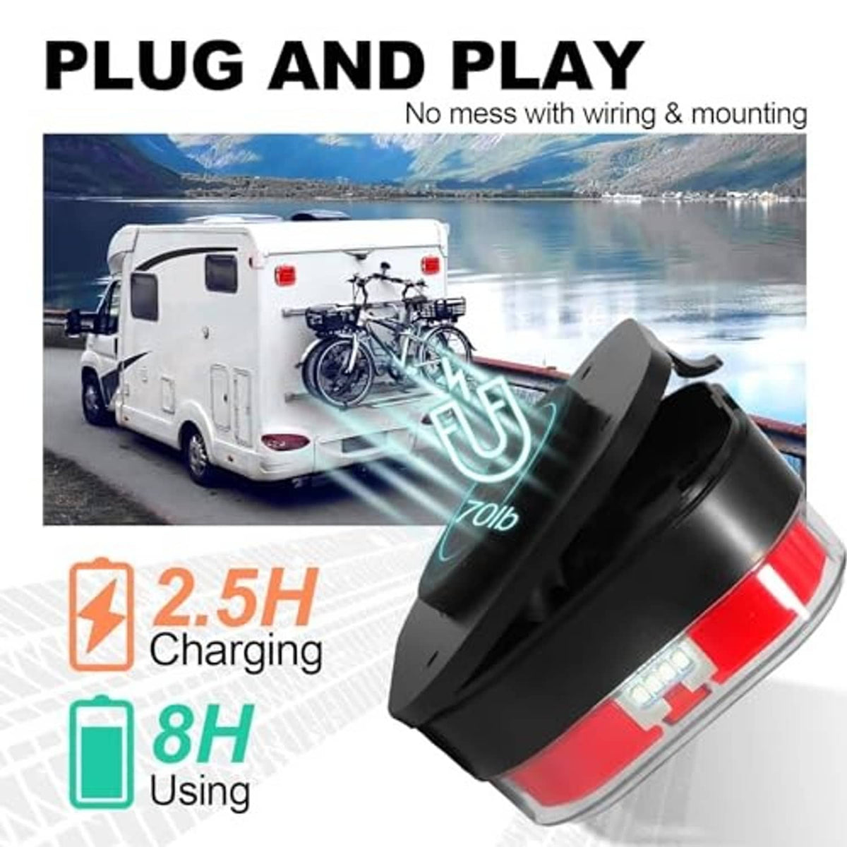 Wireless trailer light kit with two red LED lights, black base, and cables