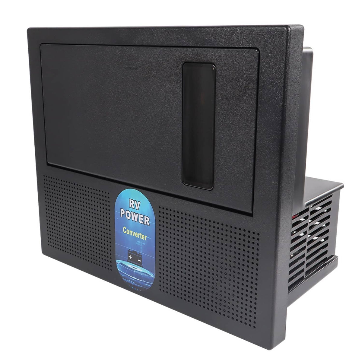 RV power converter power center with front display window and ventilation vents, black