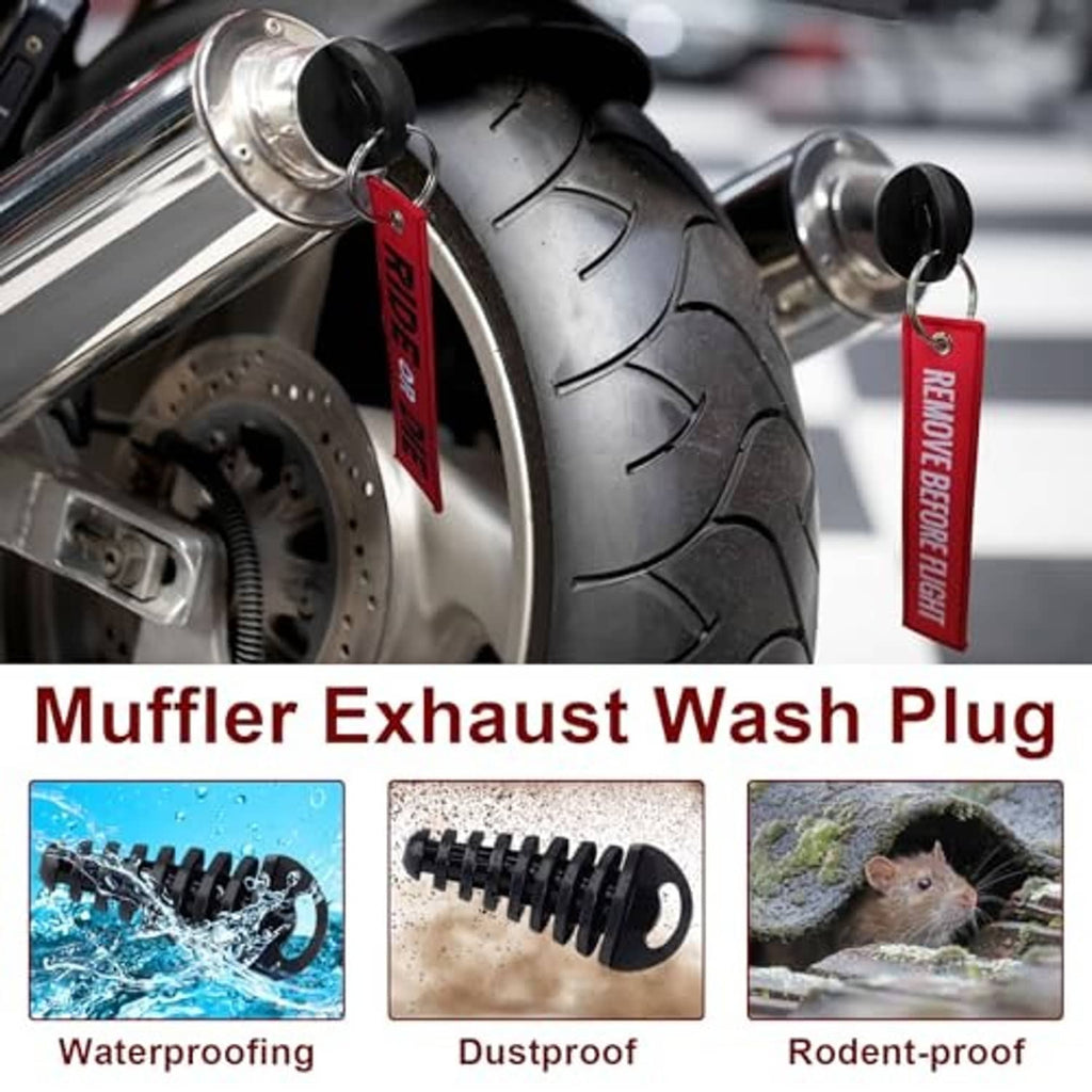 Installed muffler exhaust wash plug: black rubber plug with red 'RIDE OR DIE' tag