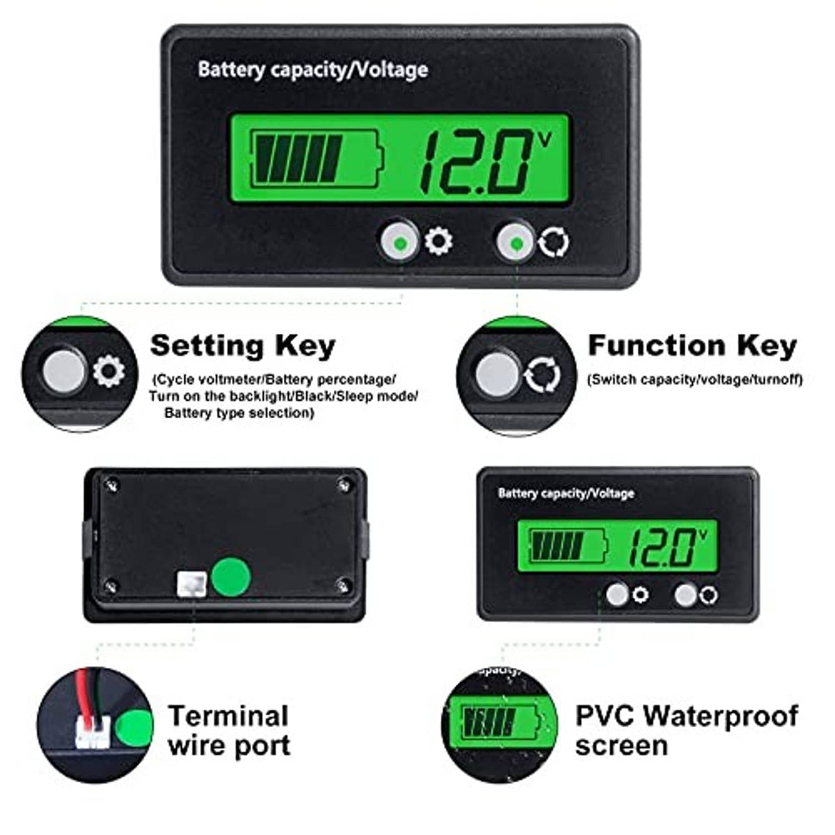 Battery capacity/voltage LCD meter with green display showing 12.0V and two switch buttons