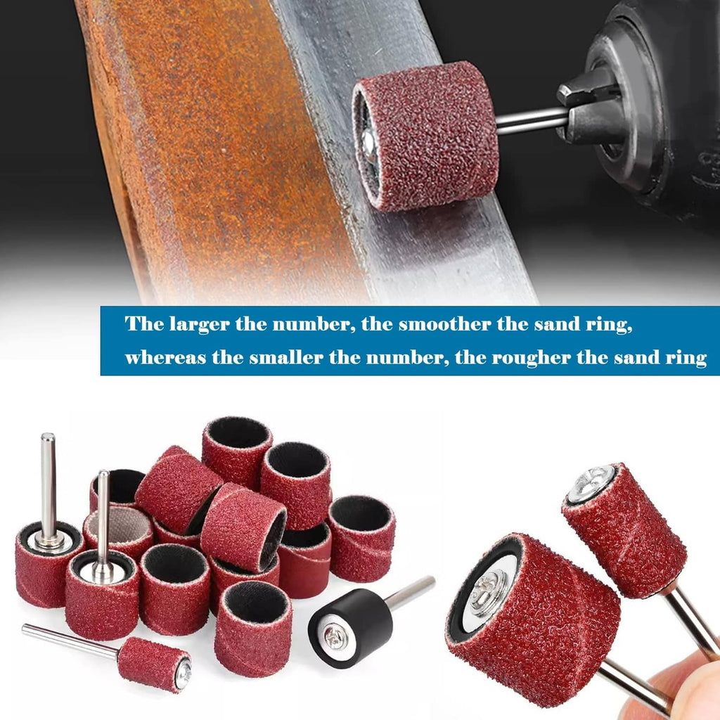 Rotary sanding drum with red abrasive cover on metal shaft, plus matching sleeves