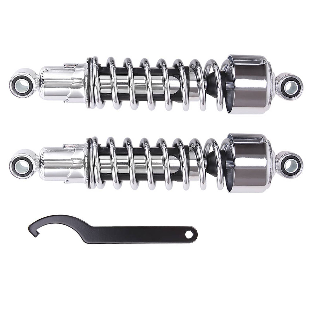 Chrome rear shocks with coil springs, mounting eyelets, and black tool