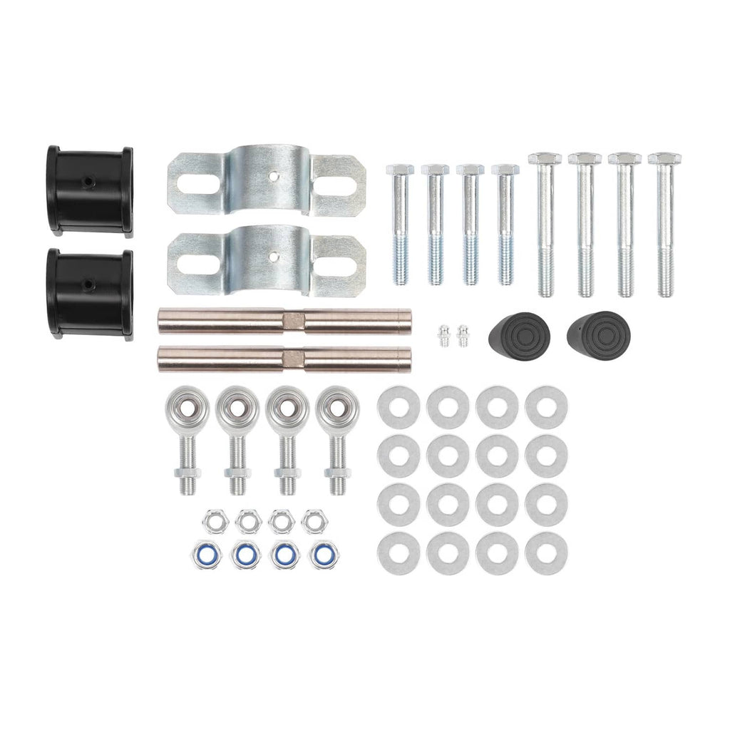 Sway bar anti-roll kit with black bushings, silver brackets, bolts, washers, and steel links
