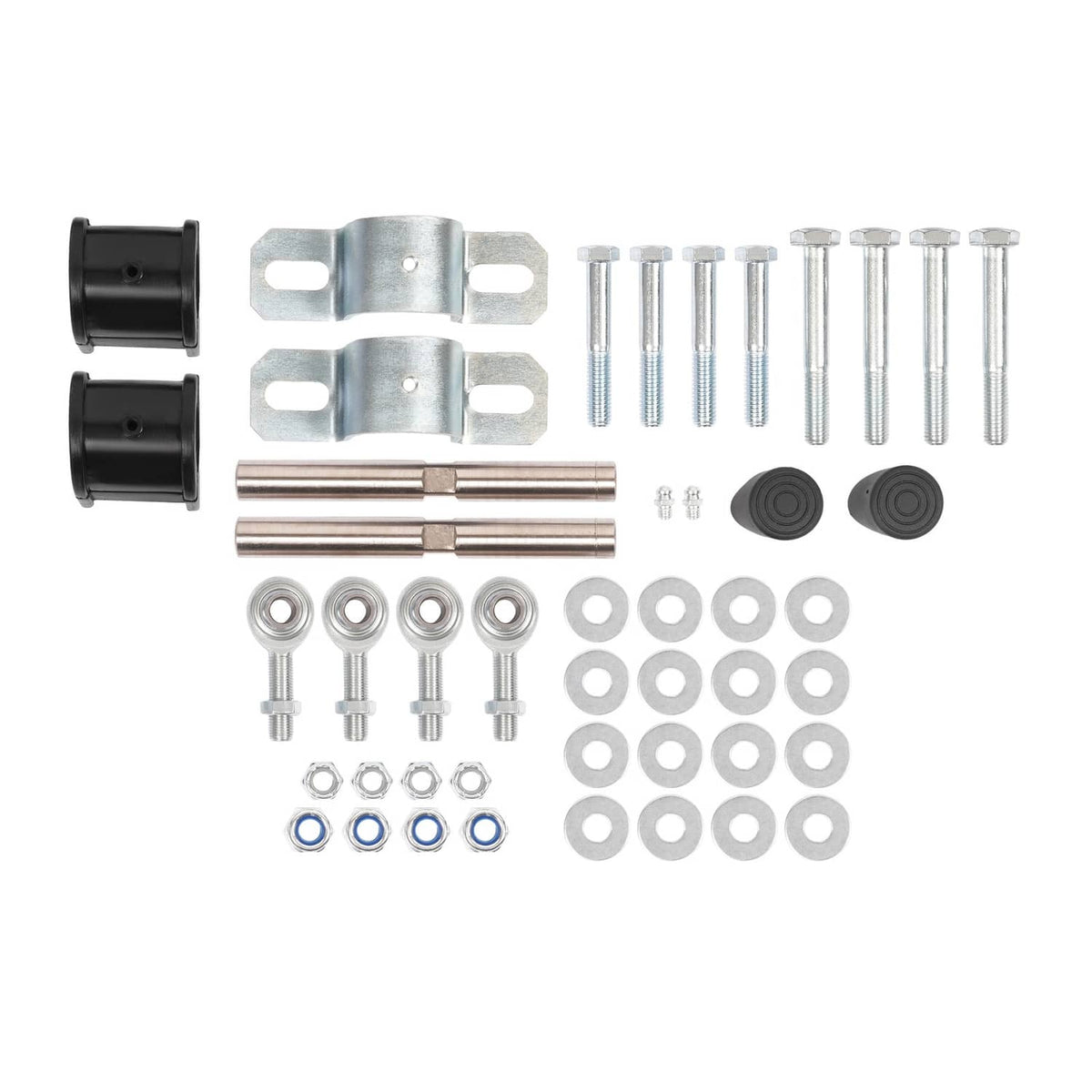Sway bar anti-roll kit with black bushings, silver brackets, bolts, washers, and steel links