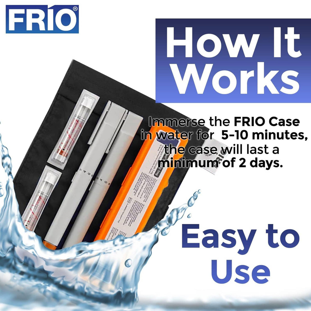 Black insulated cooling wallet with visible vials and pen-style items inside