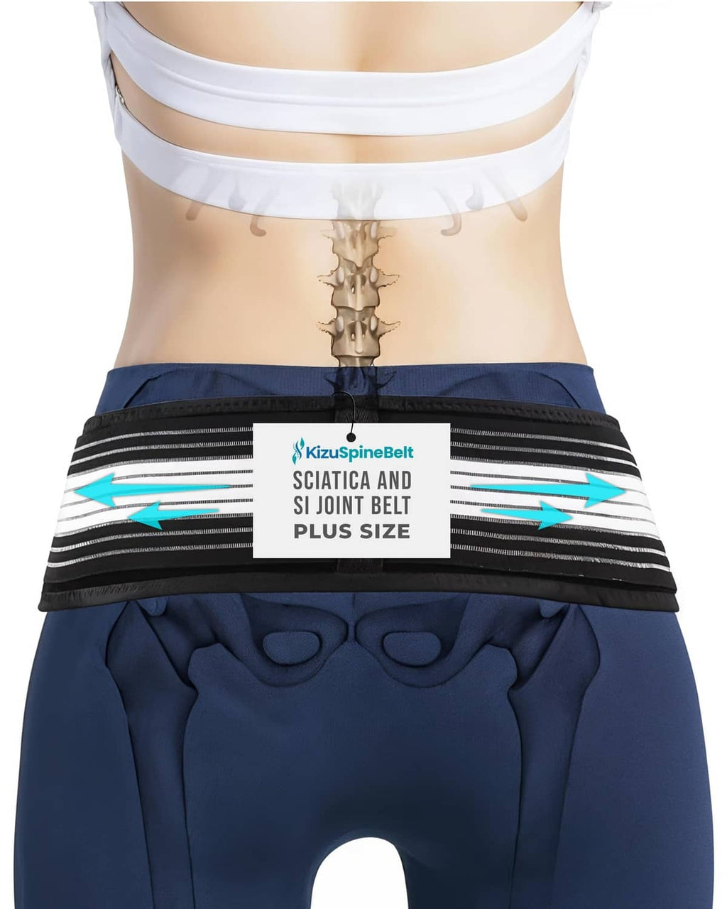 Black sciatica relief compression belt with stacked supports, worn across the hips