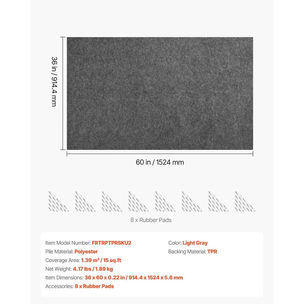 Gray rug pad dimensions diagram with 60 in length and 36 9/14 in width