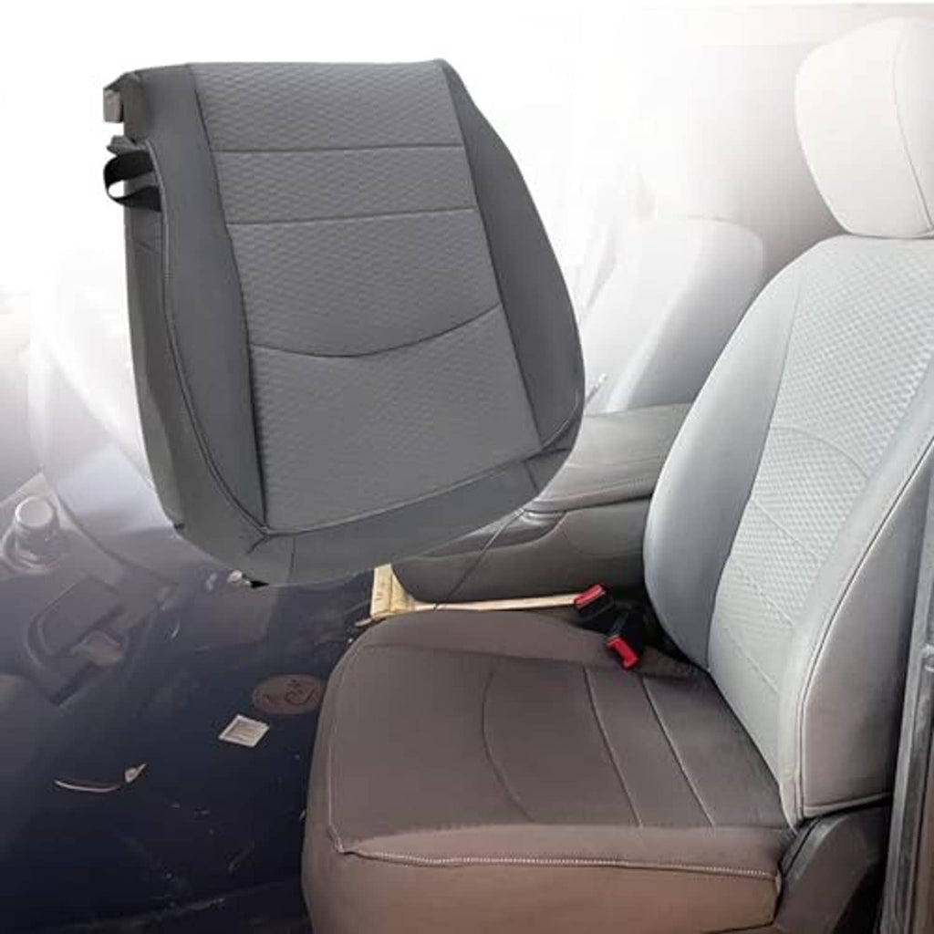 Dark gray cloth seat cover with foam cushion installed on front driver seat.